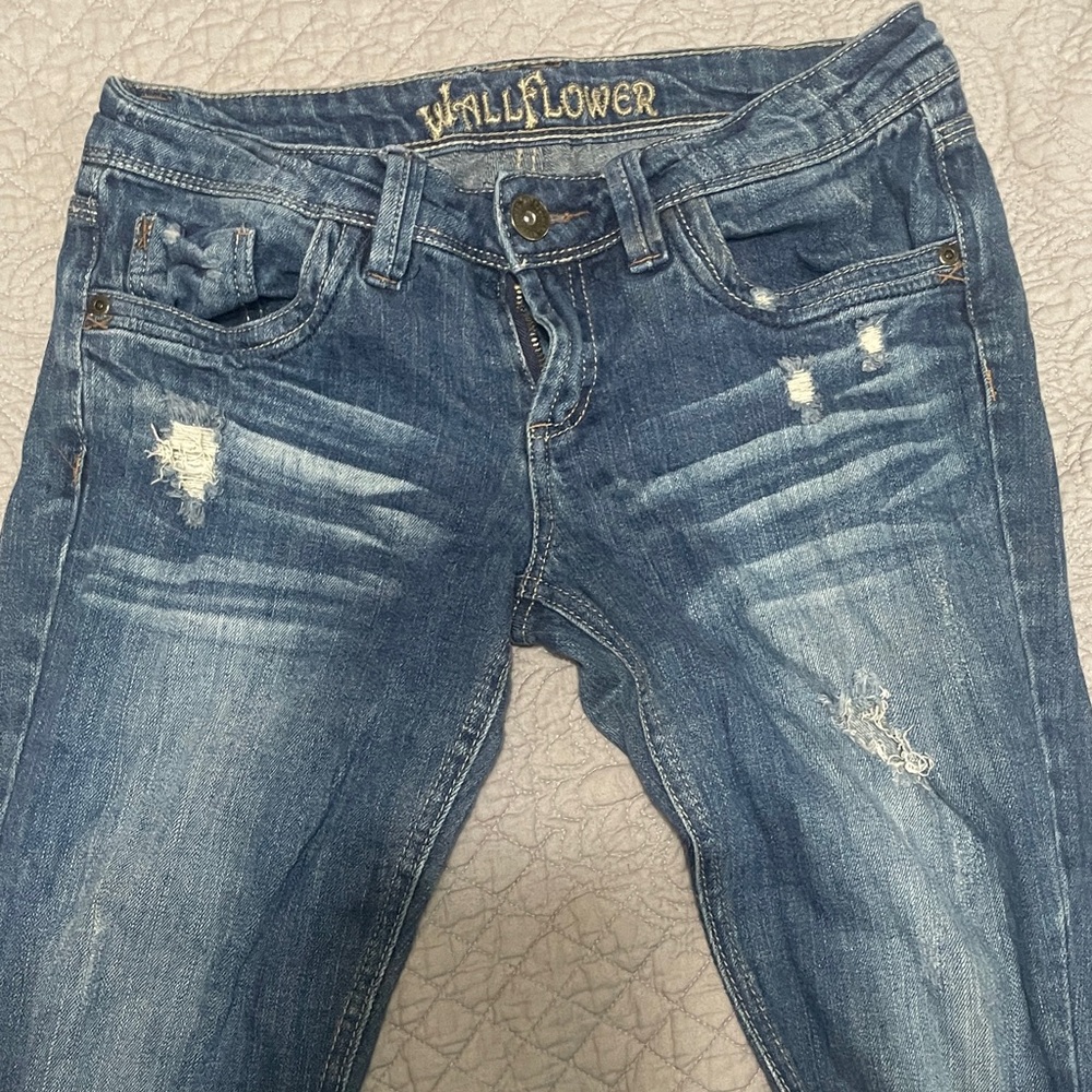 Wallflower Women's Blue Distressed Flare Jeans